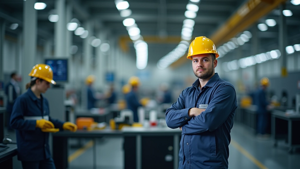 Moderne Fabrikanlage mit Arbeitern in industrieller Umgebung, Tageslicht, professionelle Fotografie
